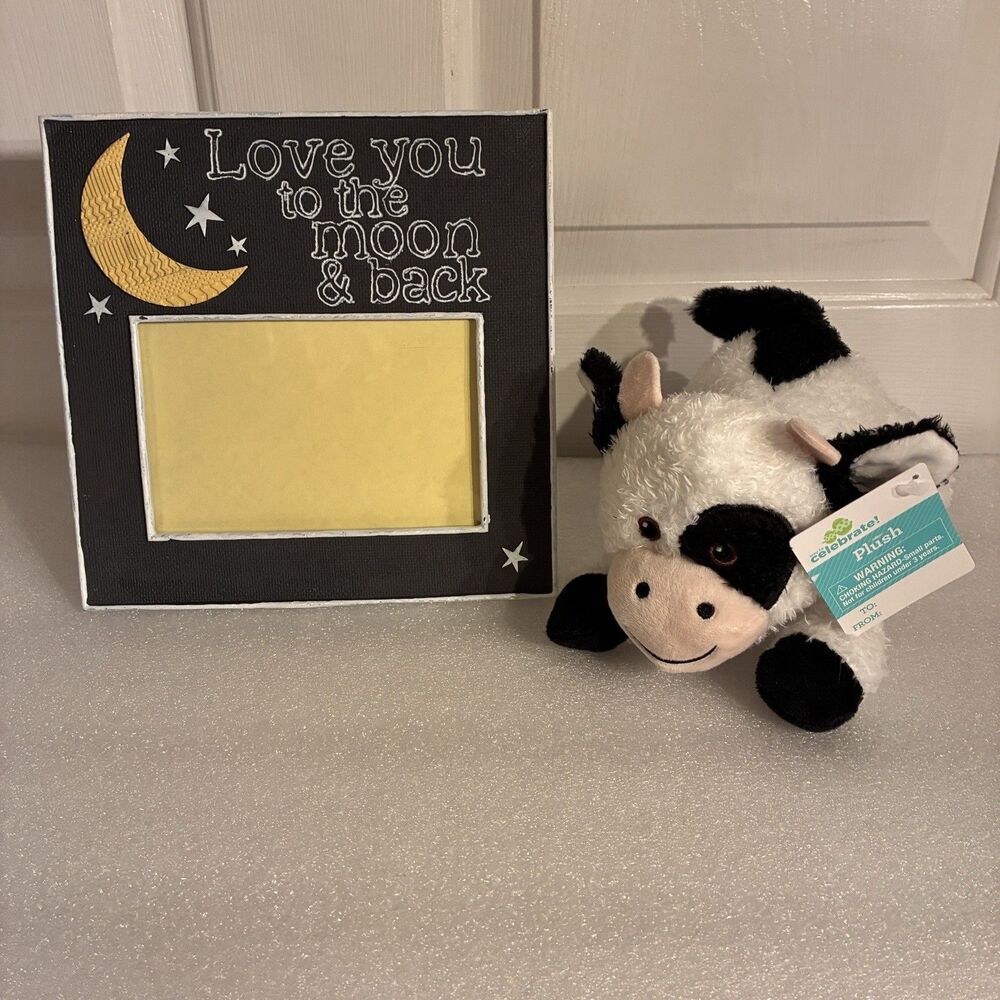 LOVE YOU TO THE MOON & BACK black and yellow picture frame and plush cow set.